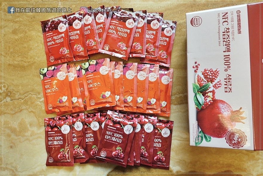 【團購優惠】韓國HT農場NFC100%原汁~紅石榴汁、酸櫻桃汁、ABC蔬果汁，適合全家人的100%果汁｜雙層草莓巧克力可可棒｜海苔酥 @我在前往韓國旅遊的路上